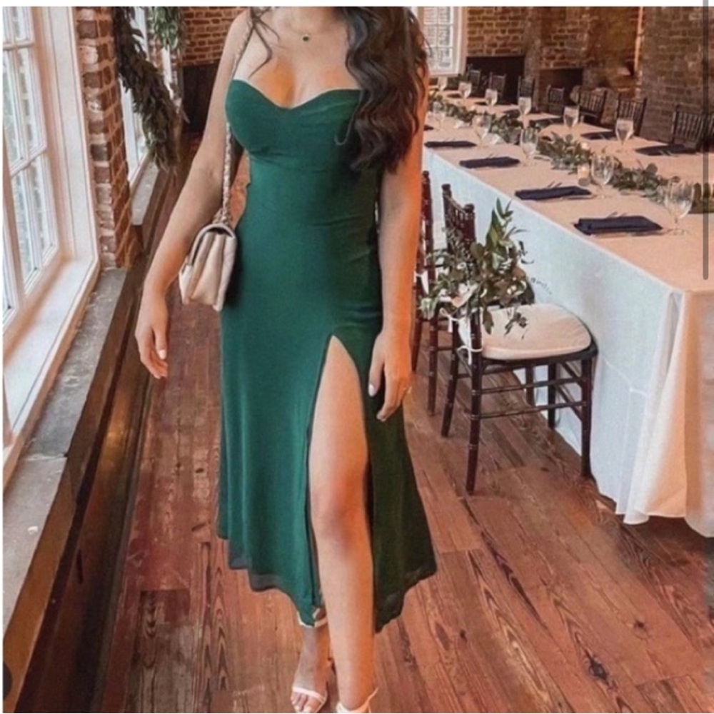 Reformation Forest Green Midi Dress with Thigh Slit